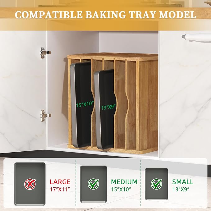 6 Tier Rubber Wooden Tray Dividers for Cabinets, Cookie Sheet Organizer | Heavy Weight, Premium Wood, Multiple Sizes, Saving Space, Vertical Tray Dividers for Storing pans, Baking tray, Cutting Board - Image 3