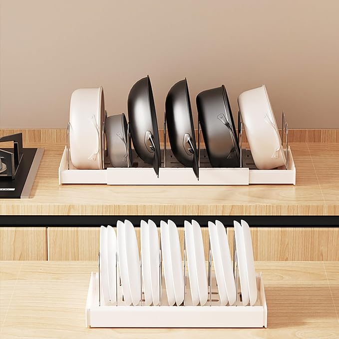 2 Pack Pots and Pans Organizer Under Cabinet 22" Expandable Pot Lid Holder | Pot Rack Inside Cabinet with 10 Adjustable Dividers for Kitchen Storage Cutting Boards, Lid, Bakeware, White 2PCS - Image 2