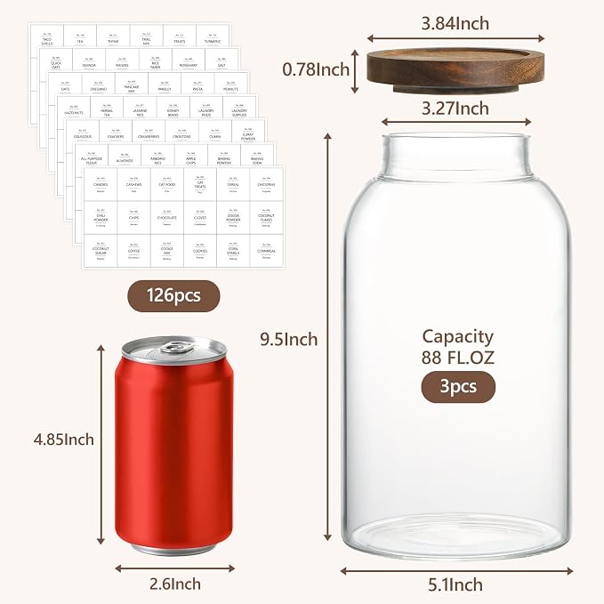 88oz Large Glass Storage Jars with Airtight Acacia Lid and 126 Kitchen Pantry Labels Set of 3, Clear Food Storage Containers for Rice, Pasta, Oats, Cookies and Dry Food - Image 2