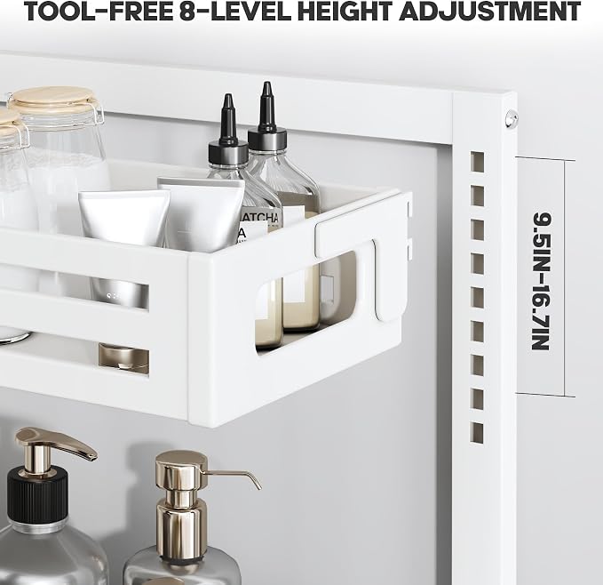 1 Pack Under Sink Organizer,Pull Out Cabinet Organizer With Smooth Cylindrical Rail,Metal Slide Out Drawer for Kitchen Bathroom Laundry Cabinet,8-Level Tool Free Height Adjustable-White - Image 3