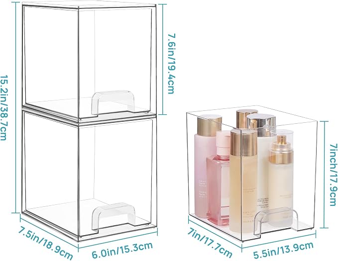 Vtopmart Clear Stackable Storage Drawers, 2 Pack Tall Plastic Organizers | Clear Pull-Out Drawers, Stackable Design for Skincare, Cosmetics, Beauty Supplies, Vanity, Bathroom, Cabinet and Countertop - Image 3