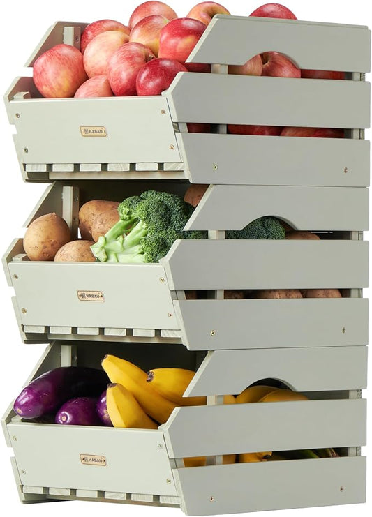 Wood Potato Onion Storage Bins - Wooden Stackable Produce Basket - Fruit Vegetable Storage for Kitchen Pantry Organization, Set 3 Pieces by HABAU
