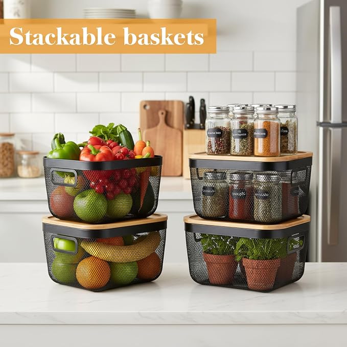 4 Pack Stackable Wire Baskets for Pantry Organizers Kitchen Storage Metal Baskets with Bamboo Lids 10"x10"x7" Vegetable Fruit Basket Produce Potato Onion Storage Bin for Kitchen Countertop - Image 4