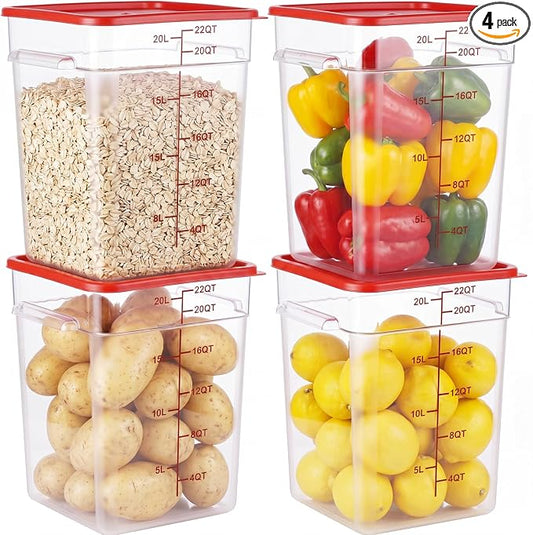 4 Pack Food Storage Containers with Red Lids, 22.0 Qt - Square, Clear, Polycarbonate, for Restaurant Commercial Kitchen and Home party by TSUBOR