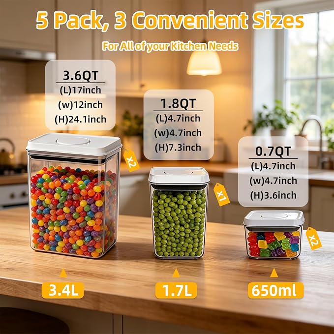 Pop Push Button Airtight Food Storage Containers Baking Set 5 Pcs | BPA-Free Stackable Canisters with Scoops – 3 Sizes for Flour, Sugar, Baking Soda, Cocoa Powder, Pantry & Baking Essentials - Image 5