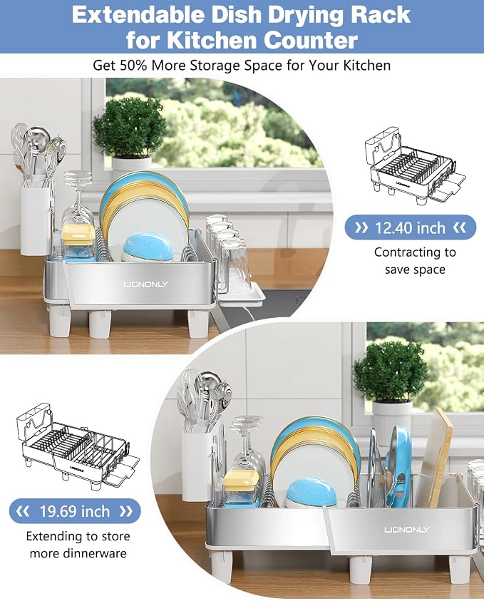 Dish Drying Rack, 304 Stainless Steel Expandable Dish Rack with Adjustable Drain Spout, Large Capacity Dish Drainer with Utensil Holder, Cup Holder and Cutting Board Rack for Kitchen Counter, White - Image 4