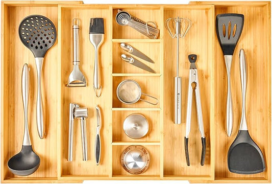 Extra Large Expandable Kitchen Drawer Organizer for Utensil and Junk, 19" Deep for Big Drawer, 17" to 28" Adjustable Bamboo Wood Drawer Divider, Cutlery Tray, Flatware Holder by Umilife