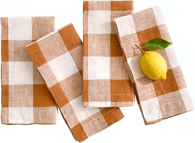 Linen World 100% Linen Gingham Napkins 20x20 Inch,Soft and Breathable French Flax Plaid Cloth Napkins,Stone Washed Set of 4(Rust Plaid) by LLinenWorld