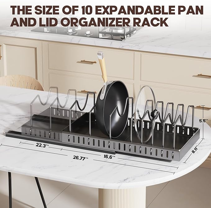 Pull Out Pots and Pans Organizer Under Cabinet, Expandable Sliding Lid Holder and Pan Rack for Kitchen, Slide Out Inside Cabinet for Pot Lid, Bakeware, Dishes, 10 Adjustable Dividers, 2 Pack Black - Image 3