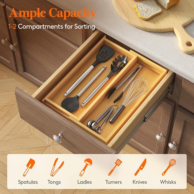 Lifewit Utensil Organizer for Kitchen Drawer, Expandable Cooking Utensil Tray, Cutlery Silverware Flatware Holder, Wood Adjustable Spatula Tools Storage Divider, 7-12 x 15.75", Natural - Image 6
