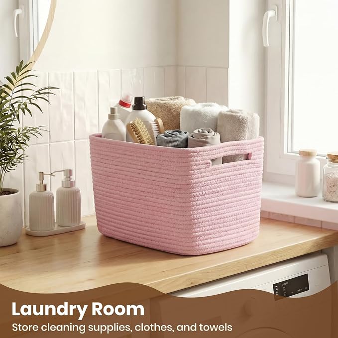 Storage Baskets for Organizing, 14 x 10 x 9” Closet Shelf Woven Baskets, Square Bins with Handles, Cotton Rope Basket for Clothes, Office, Room, Pink 3 Pack - Image 6
