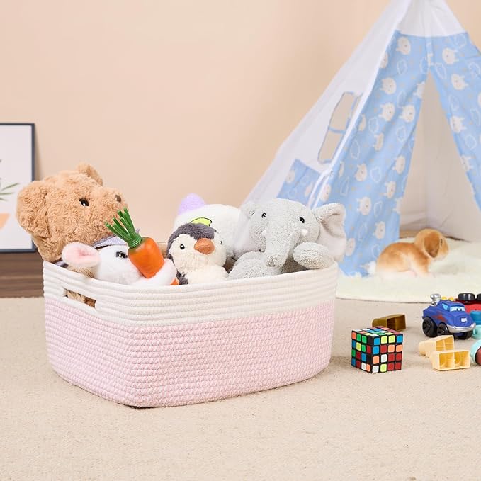 MiniArk Large Storage Baskets for Shelves, 17 x 13 x 7.5” Closet Organizers Bins for Clothes Blanket Towels, Baby Nursery, Toy Baskets Box, Woven Rope Baskets, 3 Packs Woven Pink - Image 5