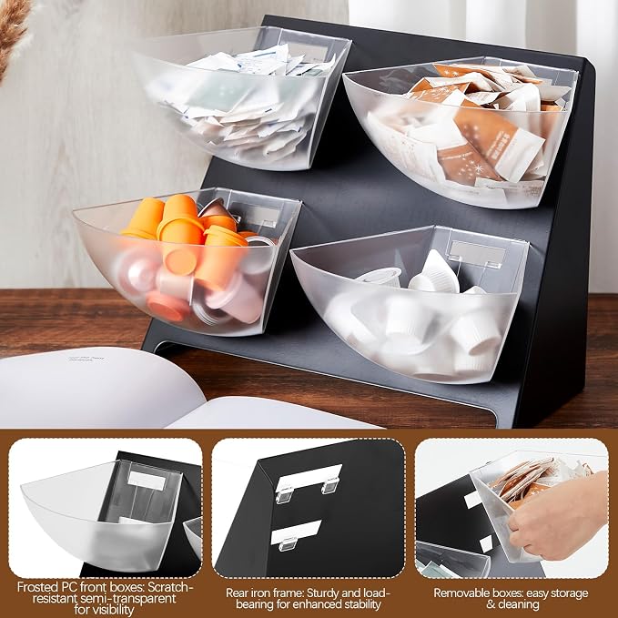 DoubleFill 15.5''x10''x 10.5'' Coffee Condiment Packet Organizer with 4 Removable Compartments Steel Coffee Caddy Station Creamer Sugar Tea Holder for Bar Countertop Office Kitchen Accessories(Black) - Image 5