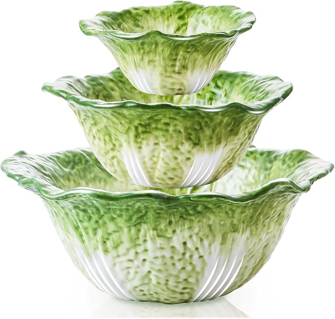 KXZ Green Cabbage Serving Bowl Set of 3 for Kitchen - Extra Large 60oz, 16oz, 5oz Nesting Mixing Bowls, Porcelain Dishes for Salad, Entertaining, Fruit, Vintage, Decorative, Ceramic Pho Soup Tureen by KXZ