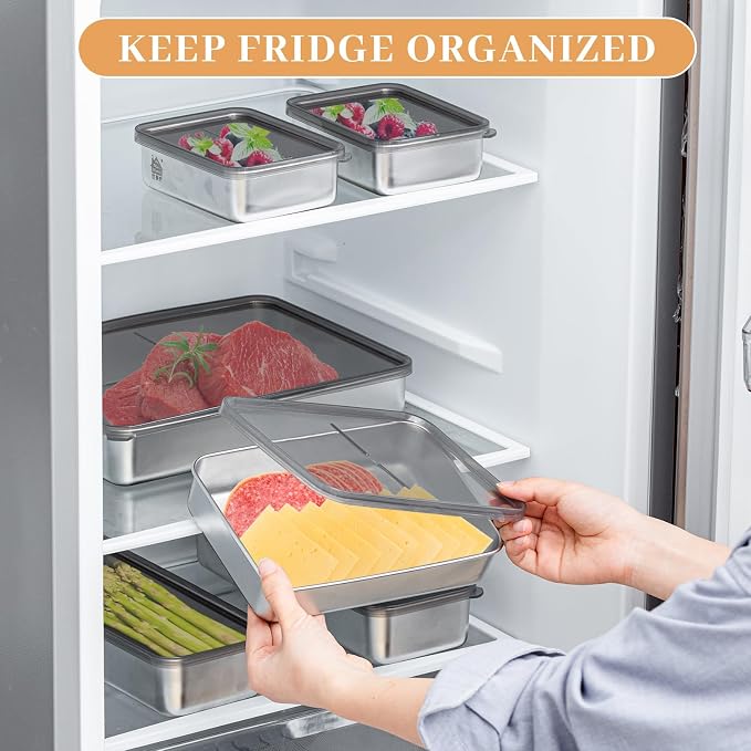 Hushee 9 Pack Bacon Cheese Container for Refrigerator, 304 Stainless Steel Airtight Deli Meat Container, Dishwasher Safe Fridge Storage Fruit Lunch Storage with Lids for Fridge, 4 Sizes - Image 6