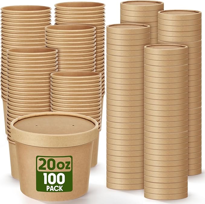 Fulmoon 100 Pack Paper Soup Containers with Lids Disposable Paper Food Containers with Vented Lid Kraft Ice Cream Cake Dessert Cups Soup Bowl for Party Hot Food Fruit Microwave(20 oz,Brown) by Fulmoon