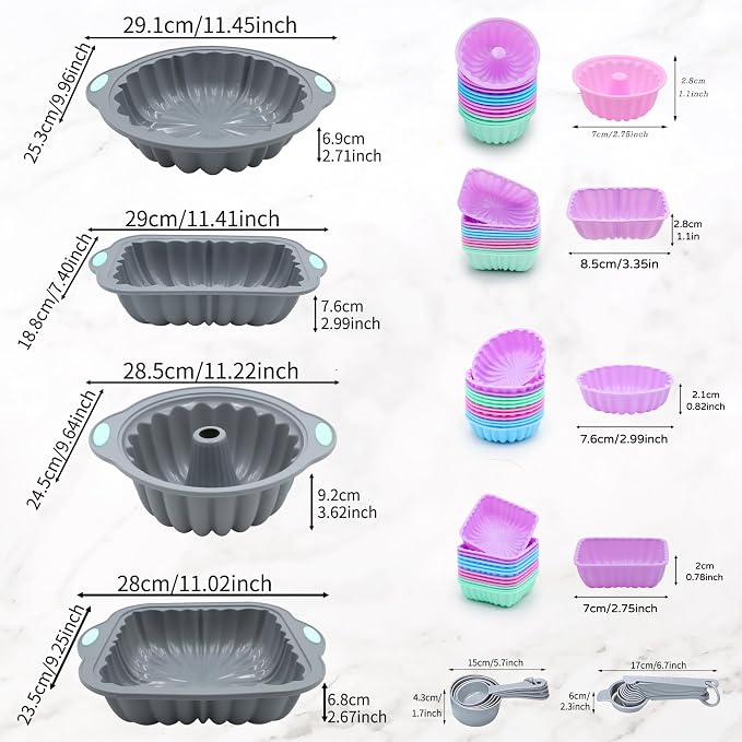 69 Pieces Silicone Baking Set, Non-Stick Bakeware Set with Cake Pans, Muffin Cups, Food Grade Silicone Baking Molds for Cakes, Bread, Muffins, Brownies, Light Grey - Image 6