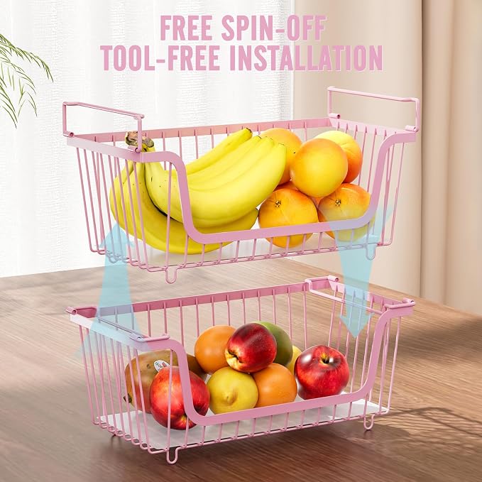 4 Pcs Stackable Wire Baskets for Pantry Organizers and Storage,pink, | Vegetable Fruit Basket for Countertop,Kitchen Storage Metal Baskets,Produce Potato Onion Storage Bin, - Image 7