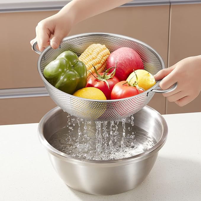 E-far Mixing Bowls with Lids Set of 3 with Stainless Steel Colander Set of 3, Nesting Bowls for Baking and Prepping, Micro-Perforated Colander Strainer for Kitchen/Draining Pasta/Rinsing Vegetables - Image 8
