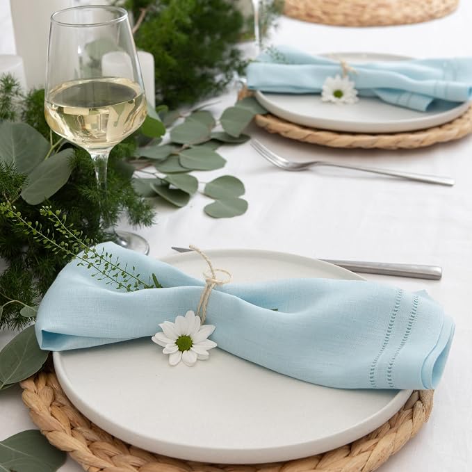 Linen Napkins 20 x 20 inch - 100% Pure Linen Light Blue Hemstitch Dinner Napkins Set of 4 - Double Hemstitch Cloth Napkin Washable Perfect for Easter, Spring and Summer Decor - Image 4