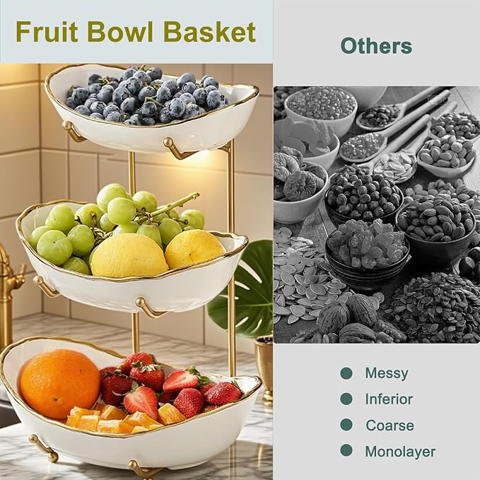 Fruit Bowl Basket for Kitchen Countertop, 3 Tier Fruit Holder with Gold Metal Stand, Serving Tray for Food, Vegetable, Cake, Dessert in Party (Gold, 3 Tier) - Image 4