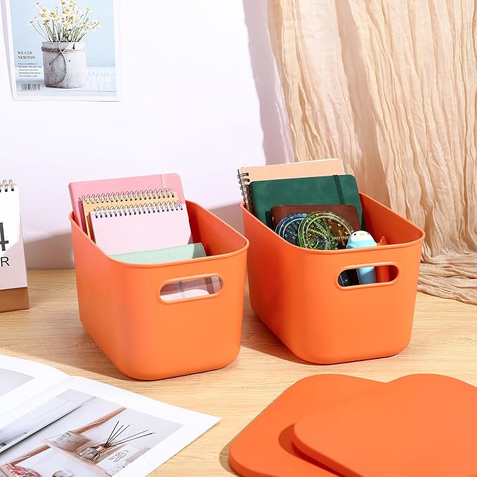 8 Pieces Colorful Storage Bins with Lid, Plastic Storage Basket Organizing Container Stackable Box with Handle for Shelves Desktop Playroom Office(10.2 x 7 x 6.3 Inch,Orange) - Image 3