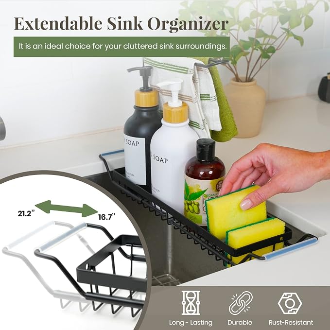 DINEST Expandable Kitchen Sink Caddy Organizer, Stainless Steel Over Sink Sponge, Bottle, Dishcloth, BrushTowel Holder, Rustproof Non-Slip - Small - Image 2