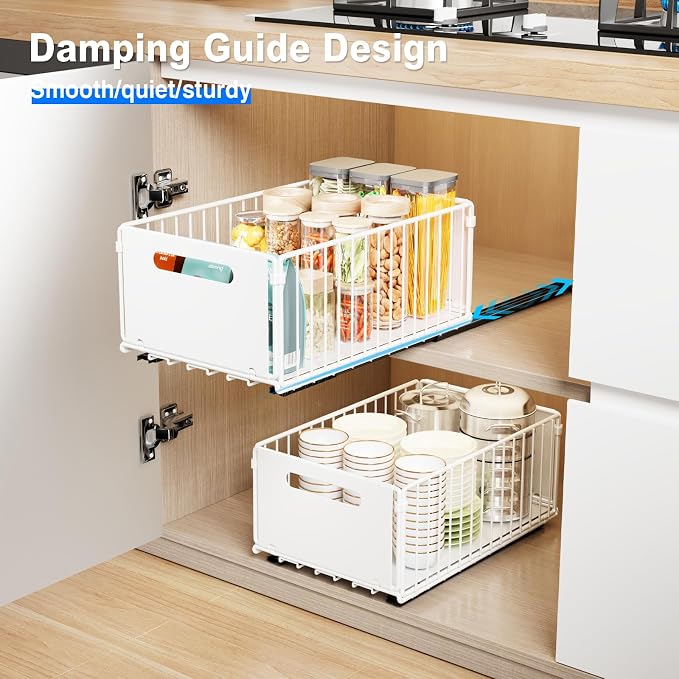 Mustorn 2 Pack Pull Out Cabinet Organizer, Slide Out Drawers for Cabinets, Peel and Stick, Heavy Duty Shelves for Kitchen, Cupboard, Pantry, Bathroom (14.76" D*9.65" W*7.87" H-White) - Image 3