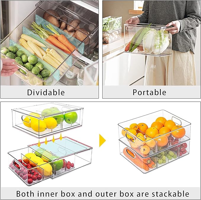 4 pack Stackable Refrigerator Organizer Bins Pull-Out Drawers for Fruit and Veggies Storage Organizer for Fridge Clear Drawer Containers with Handle Divided Organization for Produce Saver - Image 4