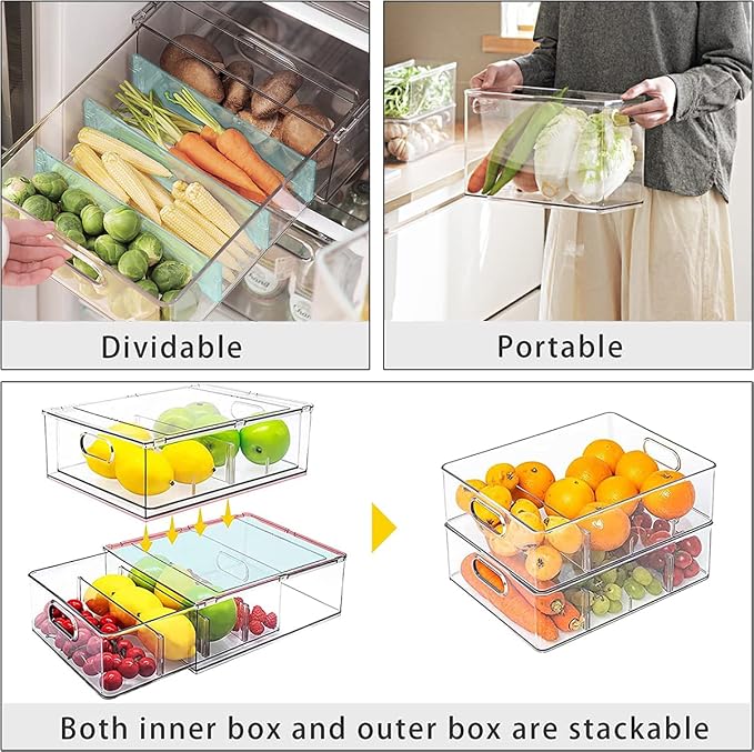 4 pack Stackable Refrigerator Organizer Bins Pull-Out Drawers for Fruit and Veggies Storage Organizer for Fridge Clear Drawer Containers with Handle Divided Organization for Produce Saver - Image 4