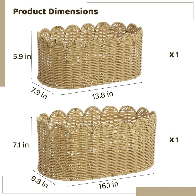 Scalloped Basket Set of 2, Woven Imitation Rattan Storage Baskets, Large & Small Organizer Bins with Scalloped Edges, Rectangular Open Top Containers for Clothes, Toys, Snacks - Image 4
