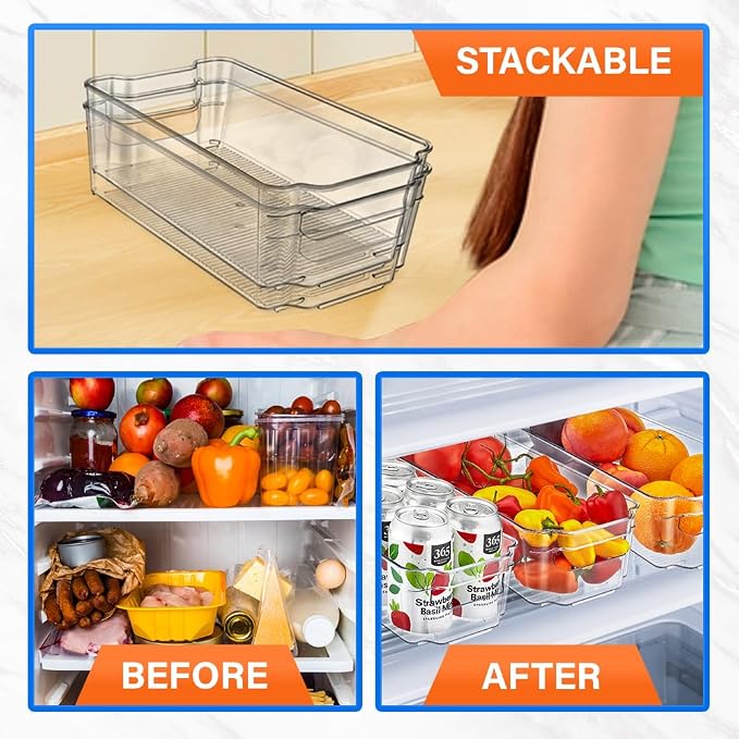 8-Piece Stackable Refrigerator Bin Organizer Set with Easy Grip Handles - Clear Multi-Purpose Storage Bins for Fridge and Pantry Use - Image 5