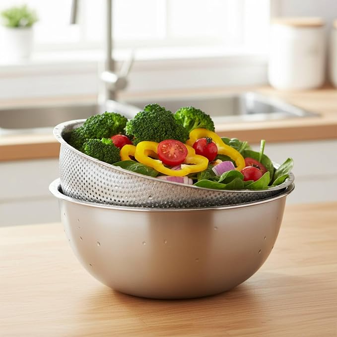 Stainless Steel Colander and Mixing Bowl Set (8 QT and 7 QT) | 2 pcs of 12 inch 18/8 Stainless Steel Colander & Mixing Bowl Set, Fine Mesh Strainer for Rice, Pasta & Veggies - Image 4