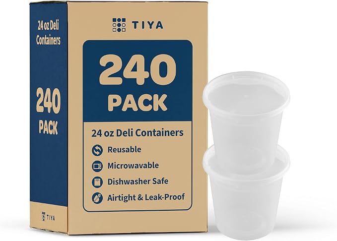 TIYA Food Containers - 24oz Bulk 240 Pack with Lids - Plastic Food Storage to-Go Containers - Reusable Microwavable Dishwasher Safe Cups - Airtight Leak Proof for Soups & Meal Prep - Image 2