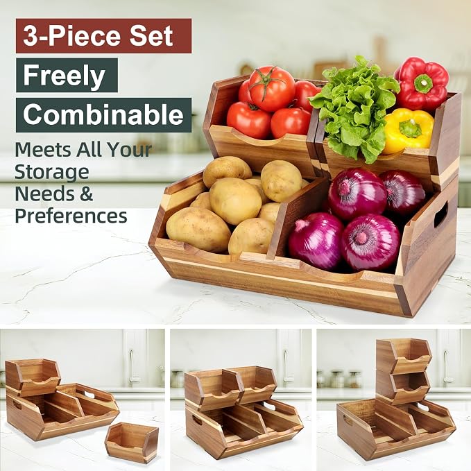Acacia Wood Pantry Storage Bins, Stackable 3-piece set | Moisture-resistant hardwood with ventilated open front. Stores potatoes, onions, vegetables, and fruits on countertop - Image 3