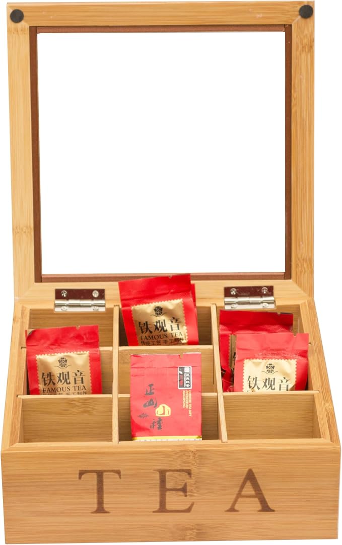 Tea Box Organizer,Bamboo Tea Box Organizer Storage Box,Wooden Teas Bag Storage with 9 Compartments and Clear Glass Cover for Home Office Gift - Image 5