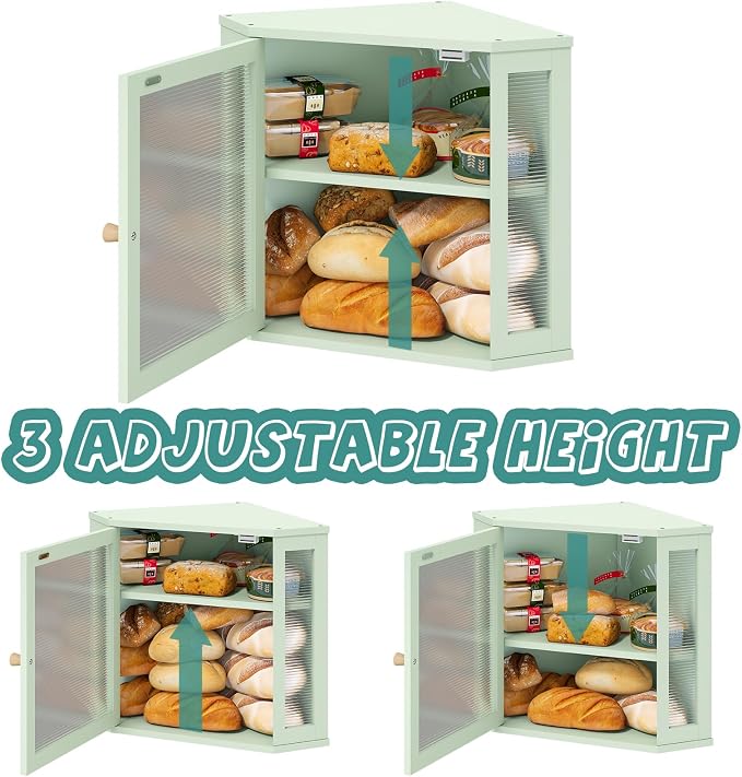 viewcare Corner Bread Box for Kitchen Countertop, Bamboo Wood Large Capacity Bread Storage Bin with Acrylic Wavy Door Panel, Green - Image 3
