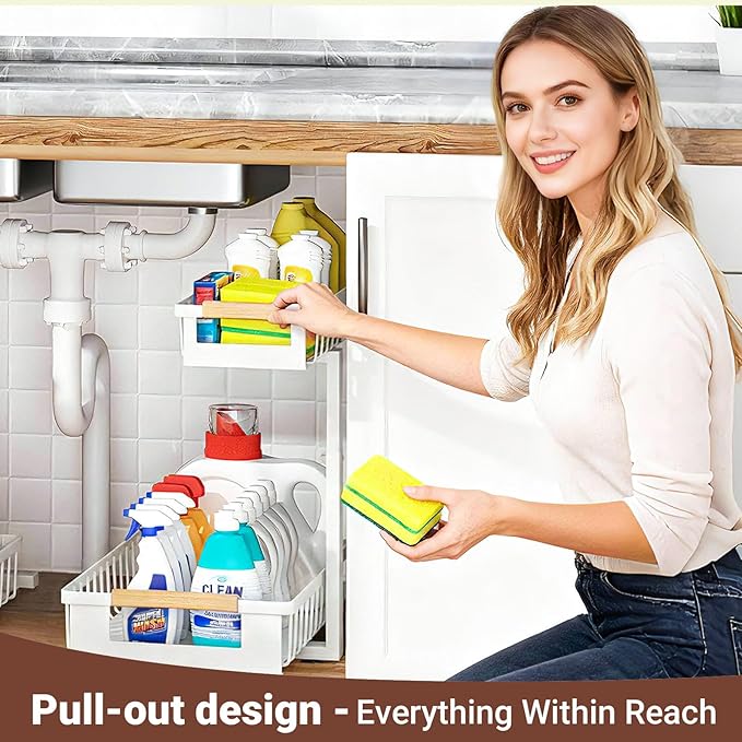 Under Sink Organizer, 2 Tier Pull Out Cabinet Organizer with 5 Adjustable Heights, Metal Under Sink Storage with Sliding Drawers for Kitchen, Bathroom, Pantry and Laundry Room, 4-Pack White - Image 5