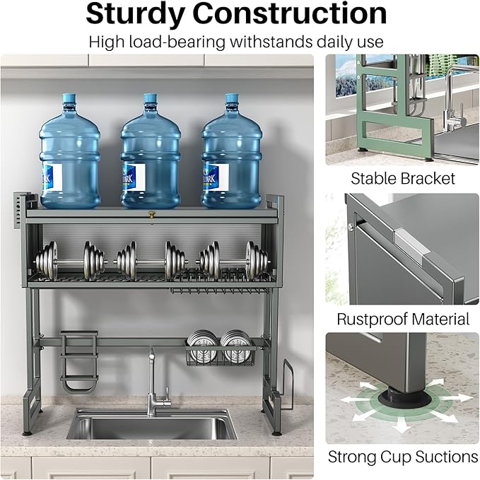 Over the Sink Dish Drying Rack 3 Tier with Dustproof Flip-Up Cover | Large Dish Drainer Storage Counter Organizer,Space-Saving Dish Rack for Dishes and Cutlery,Fits Sinks up to 36 Inches(Gray) - Image 4