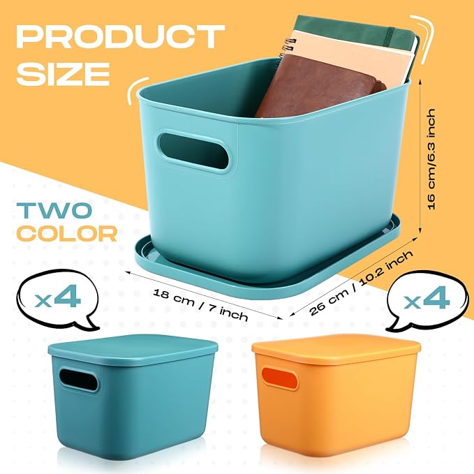 8 Pieces Colorful Storage Bins with Lid, Plastic Storage Basket Organizing Container Stackable Box with Handle for Shelves Desktop Playroom Office(10.2 x 7 x 6.3 Inch,Green and Yellow) - Image 2