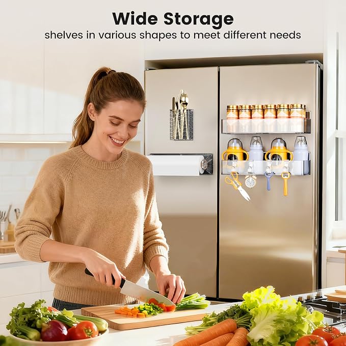 Mystozer Magnetic Spice Rack for Refrigerator,4 Pack Magnetic Shelf,Fridge Magnet Organizer with Paper Towel Holder and Utensils Racks,Fridge Organizers and Storage Clear(4 Pack) - Image 7