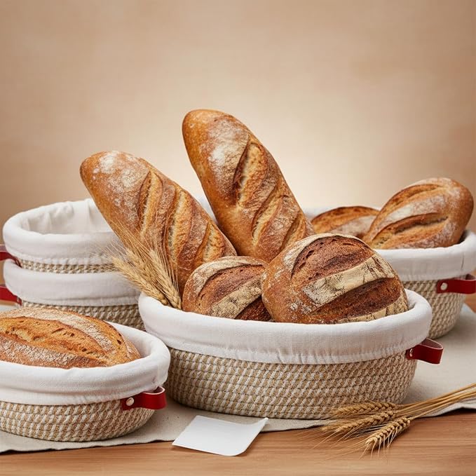 Gejoy 6 Set Cotton Rope Banneton Bread Proofing Basket with Cloth Liner and Plastic Scraper Banneton Dough Sourdough Proofing Bowls Kit for Home Sourdough Bakers (Round, Oval, 9'', 10'') - Image 2