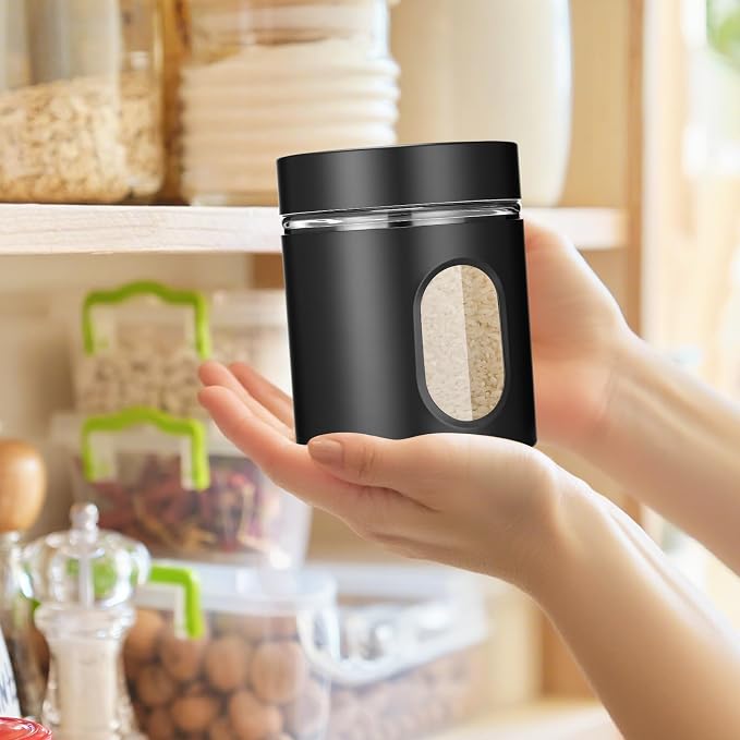 Patelai 6 Pack Kitchen Canisters Set 20 oz Airtight Stainless Steel Canister Food Storage Container with Window Glass, Coffee Sugar Candy Jars Tea Organizer for Flour Cookies Spice Kitchen (Black) - Image 5