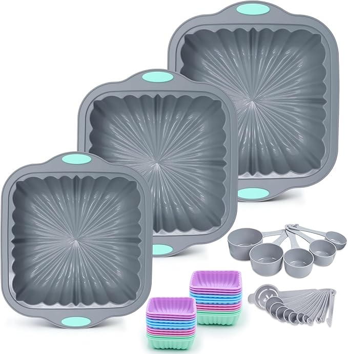 44 Pieces Silicone Square Cake Pans Set, 3 Sizes Silicone Fluted Cake Pan with Reusable Baking Cups, Food Grade Baking Molds for Brownie, Bread, Muffin, Light Grey by Toencounter