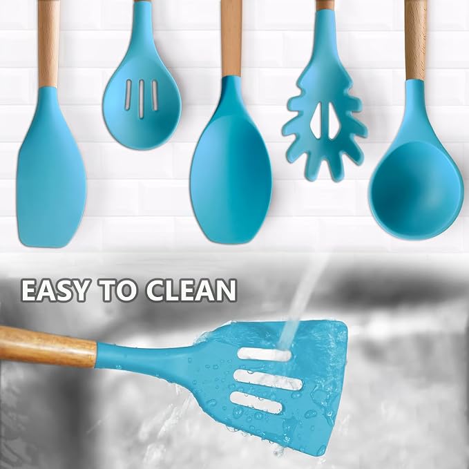 Kitchen Utensils Set 6-Piece Non-Stick Silicone Cooking Utensils Set, Wood Handle Heat Resistant Spatula Spoon Turner Ladle Pasta Server Cooking Kitchen Gadgets BPA Free for Nonstick Cookware - Image 7