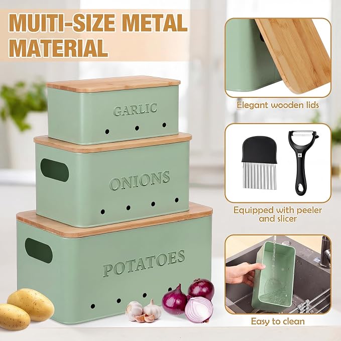 Honeydak 3 PCS Sage Green Potato Onion Garlic Storage Bins Set, Metal Vegetable Keeper Containers with Lids Aerating Holes for Kitchen Counter Pantry Keep Fresh Longer Farmhouse for Sweet-potato Fruit - Image 3