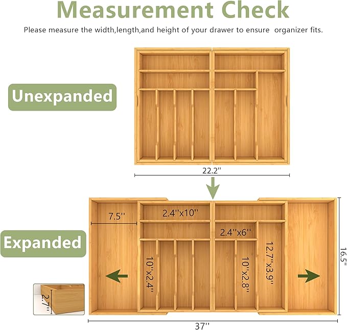 Suli Extra Large Silverware Drawer Organizer,Expandable 22in to 37in,Bamboo | 2.6in Deep,13 Slot,Removable Design,Expandable Utensil Tray for Kitchen Drawer,Big Adjustable Cooking Cutlery Flatware Holder - Image 2
