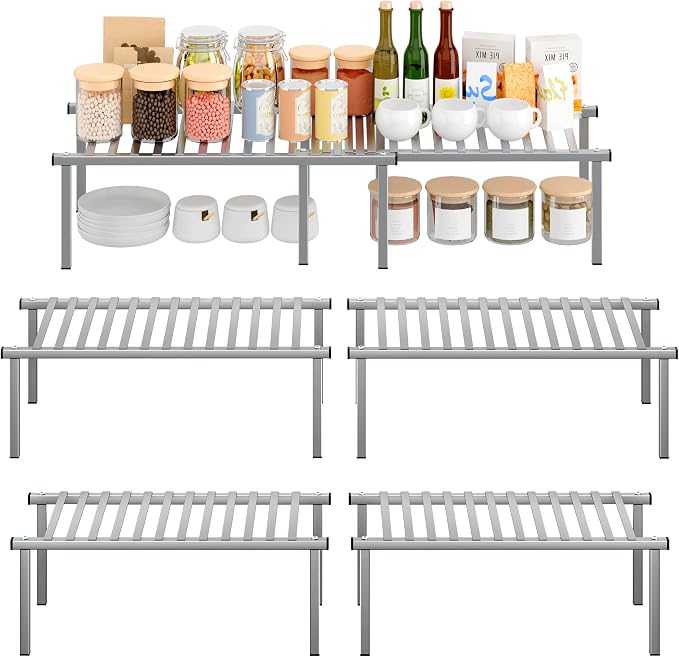STORAGE MANIAC Expandable Cabinet Organizer Shelf, Set of 4, Gray | 15.8 inches Expandable, Stackable Wire Shelf, Spice Rack, Metal Pantry Storage for Plate Dish, Kitchen Counter Shelves by STORAGEMANIAC