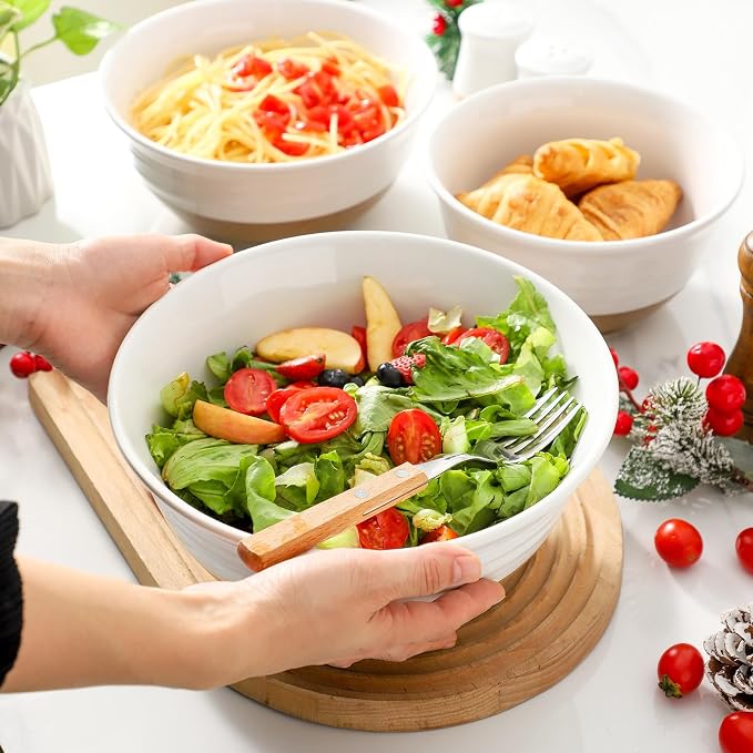 HASENSE Mixing Bowls, Large Ceramic Salad Bowls 2.1/1.5/1.0 Qt, Versatile Serving Bowls for Cooking, Baking, Salad Mixing, Prepping, Nesting White Bowl Set, Dishwasher Safe, Set of 3 - Image 7