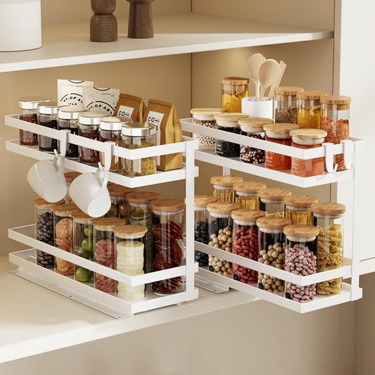 Magheo Pull Out Spice Rack Organizer for Cabinet, 2 Pack Metal Seasoning Organizer Slide Out Spice Storage Shelf No Assembly Vertical Spice Rack Pullout for Kitchen & Bahthroom No Drill(2 Tier,White) by MAGHEO